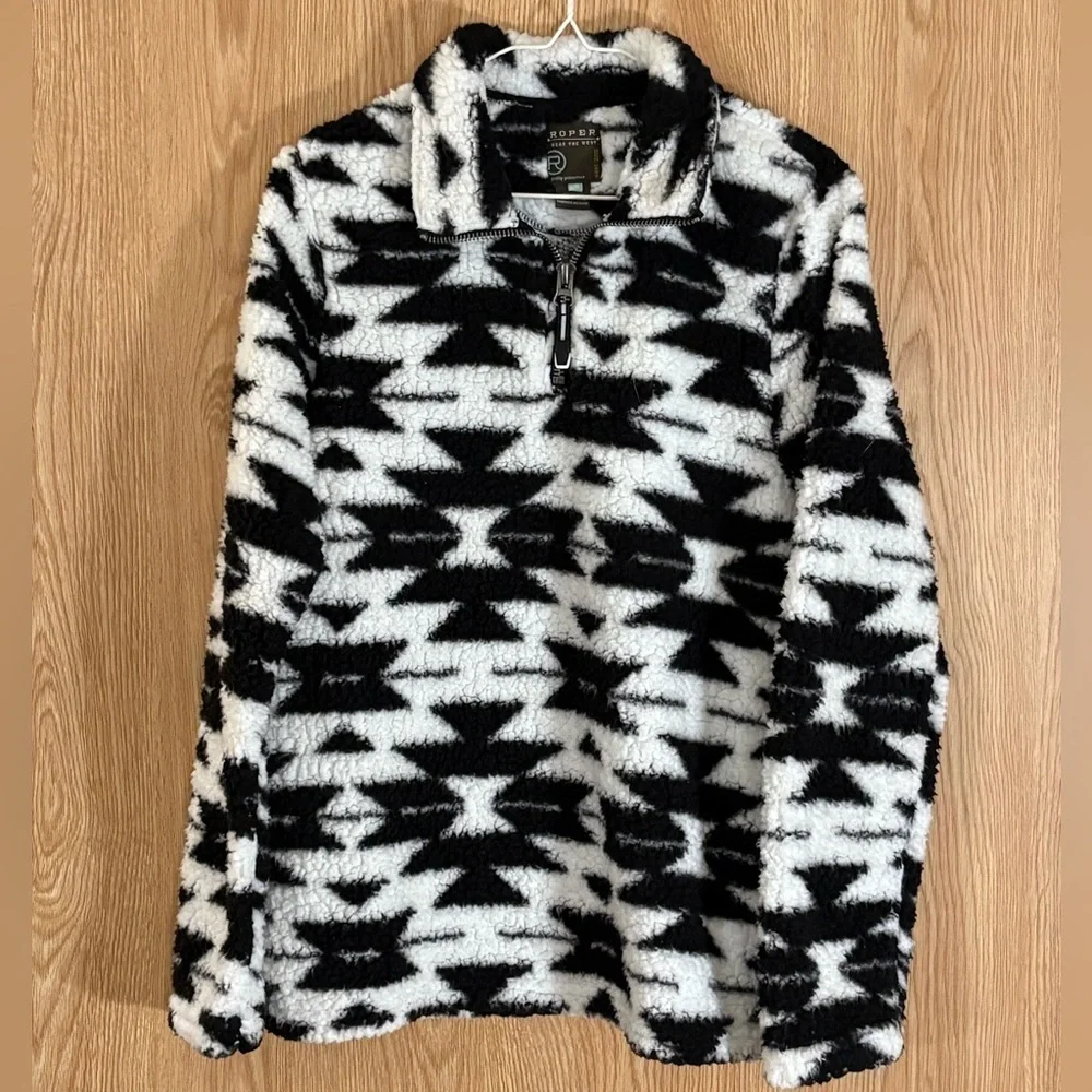 Roper Aztec 1/4 Zip Black and White Polar Fleece Pullover Oversized Jacket - Picture 1 of 5
